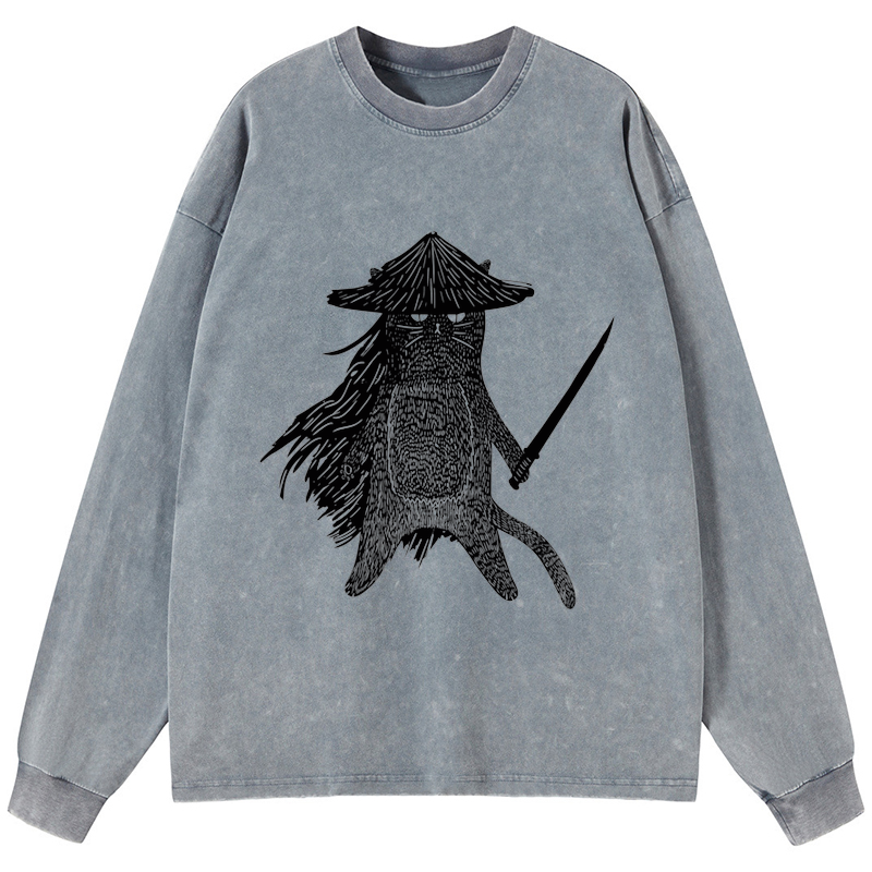 Tokyo-Tiger Japanese Samurai Cat Washed Long Sleeve T-Shirt