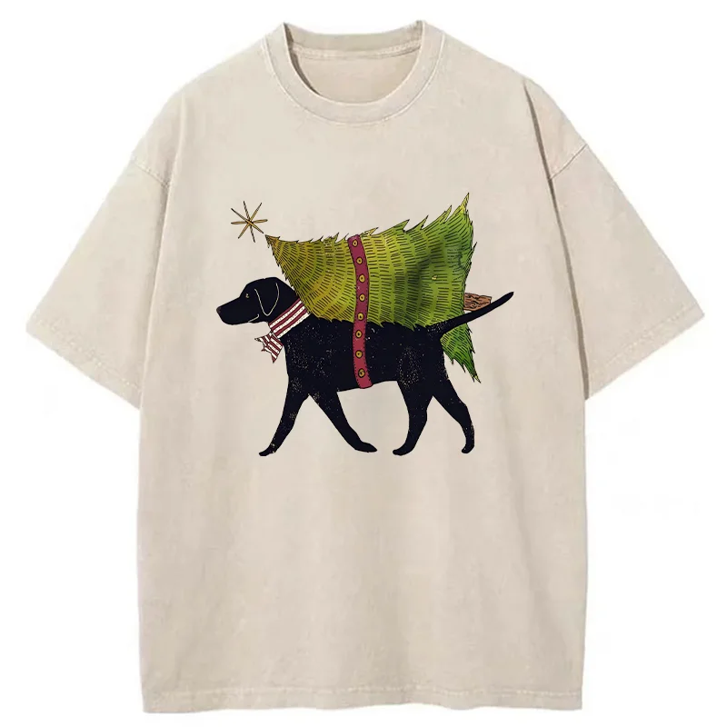 Tokyo-Tiger Dog Carrying Christmas Tree Washed T-Shirt