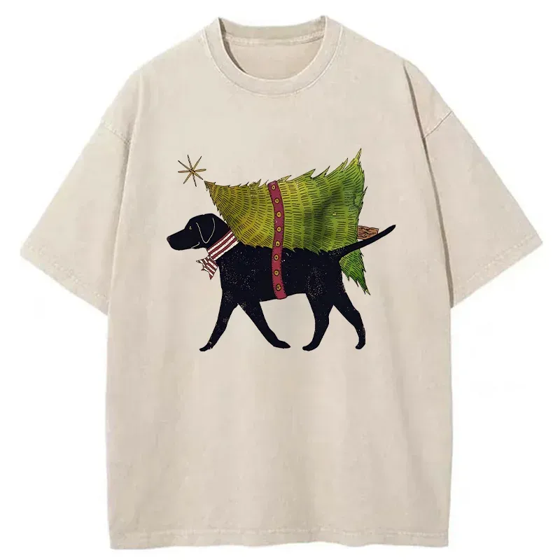 Tokyo-Tiger Dog Carrying Christmas Tree Washed T-Shirt Sale