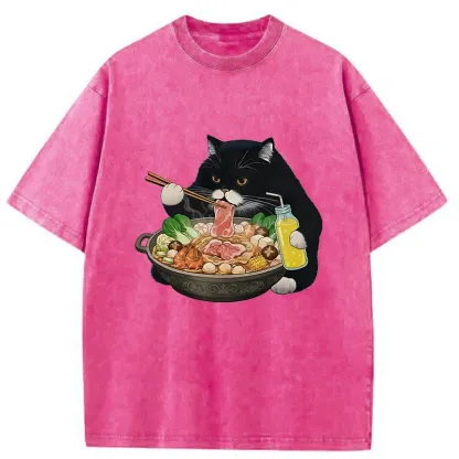 Tokyo-Tiger Black Cat Eating Hot Pot Washed T-Shirt