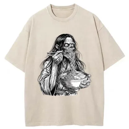 Tokyo-Tiger Ghost Eats Ramen Washed T-Shirt