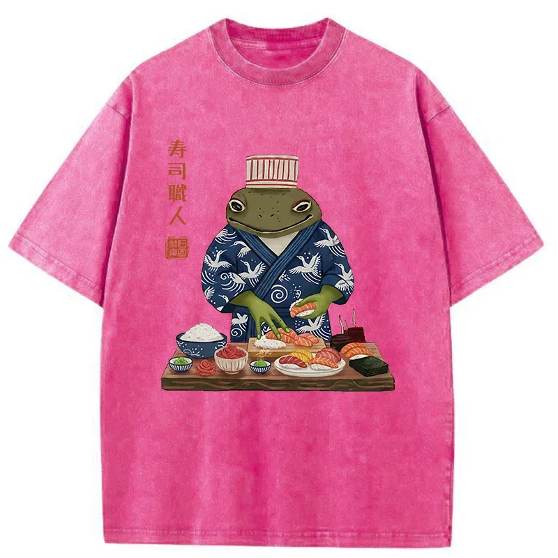 Tokyo-Tiger Frog Sushi Chef Washed T-Shirt
