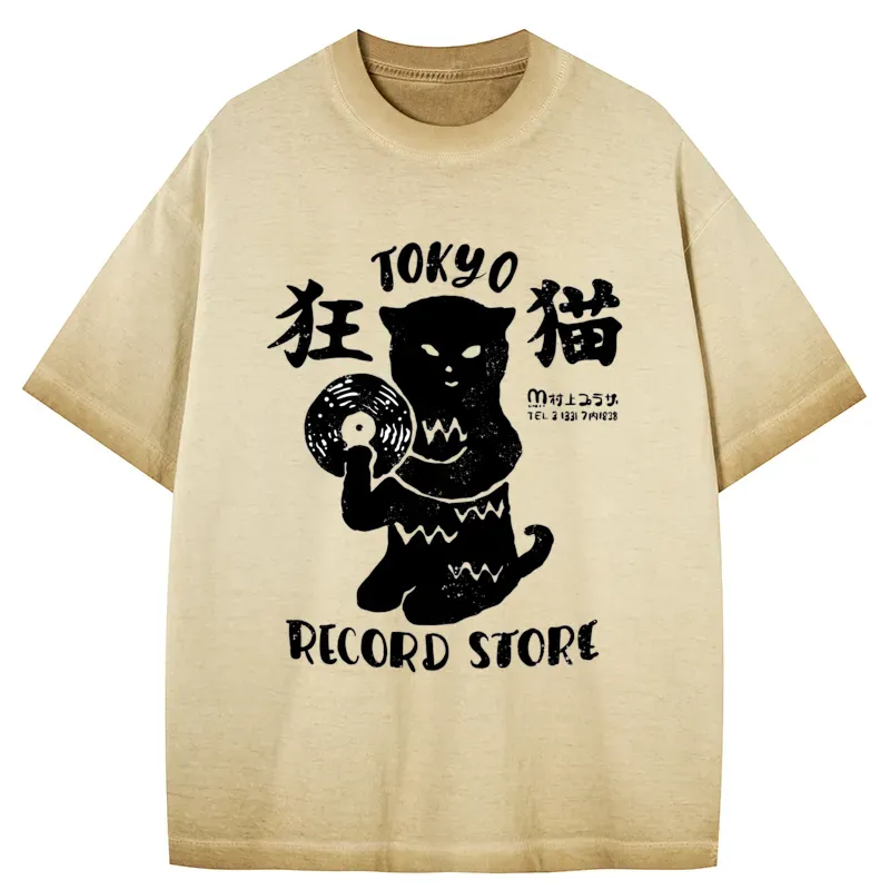 Tokyo-Tiger Tokyo Record Store Cat CD Gradient Washed T-Shirt