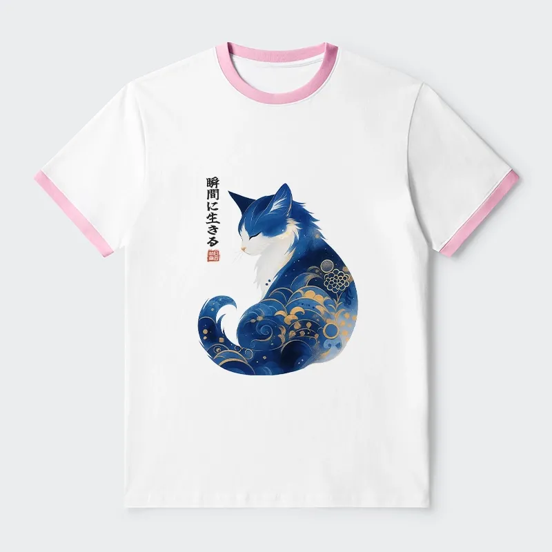 Tokyo-Tiger Retro Zen Cat: Living the Present Trim T-Shirt