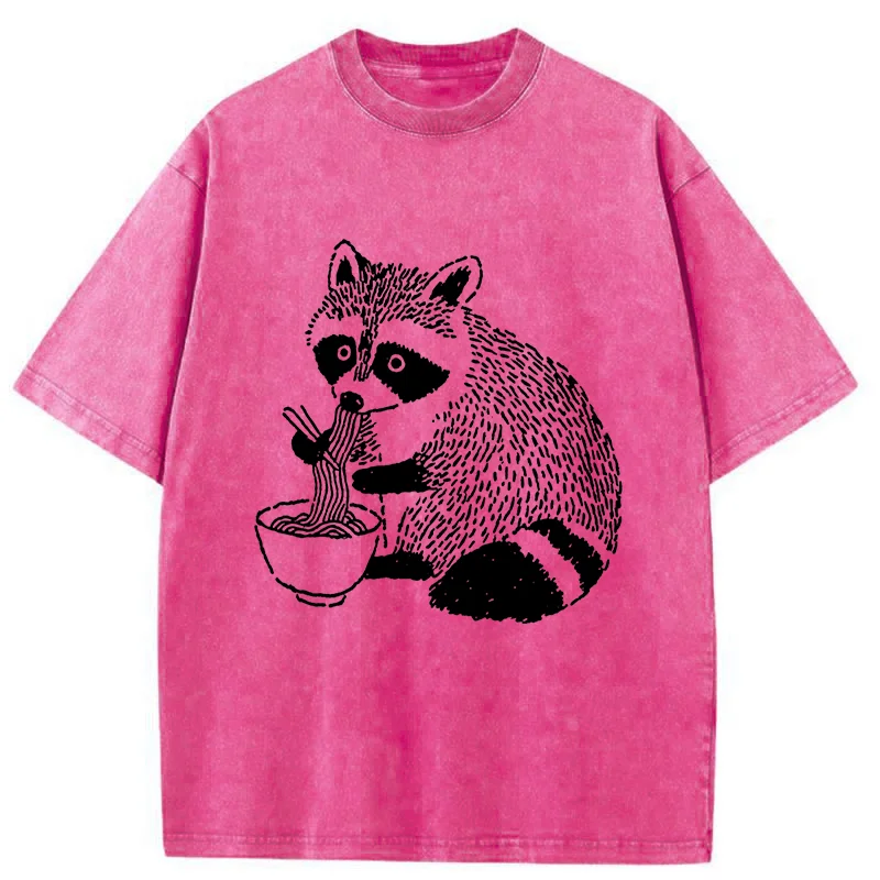 Tokyo-Tiger Cute Raccoon Eating Ramen Washed T-Shirt