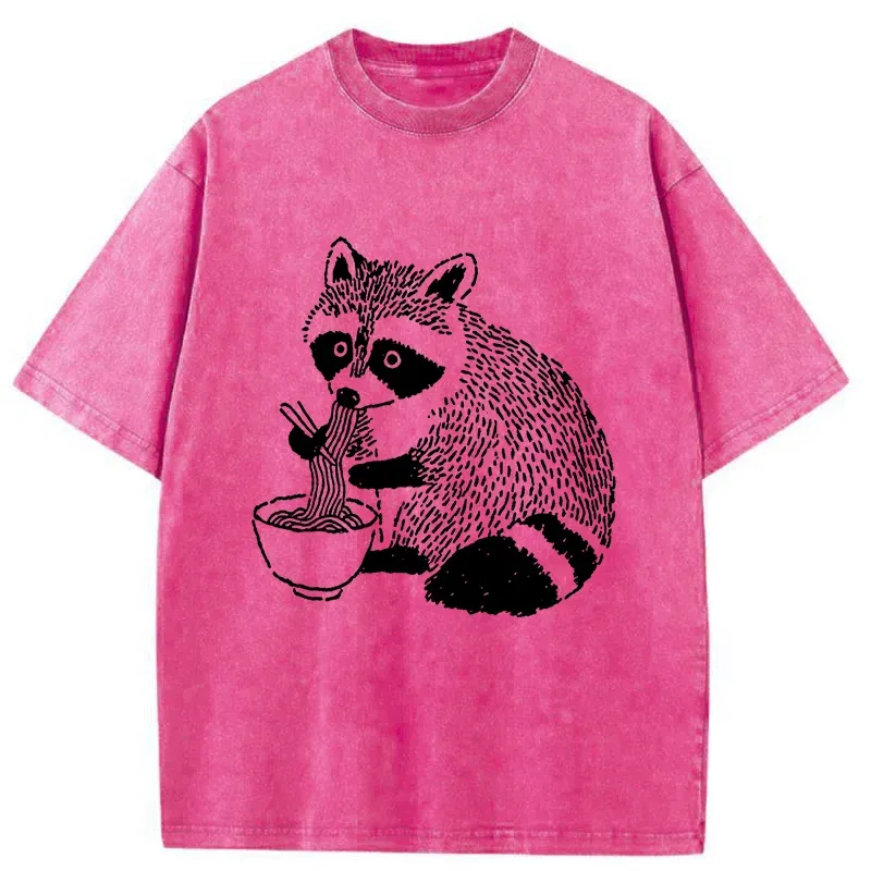 Tokyo-Tiger Cute Raccoon Eating Ramen Washed T-Shirt