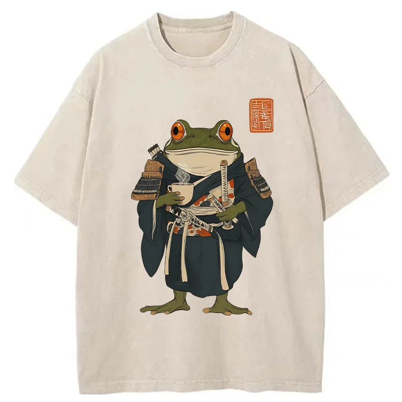 Tokyo-Tiger Frog Samurai Drinking Tea Washed T-Shirt