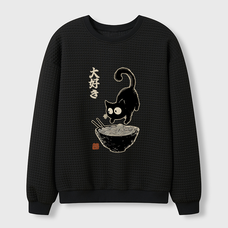 Tokyo-Tiger Retro Cat Eats Delicious Ramen Waffle Sweatshirt