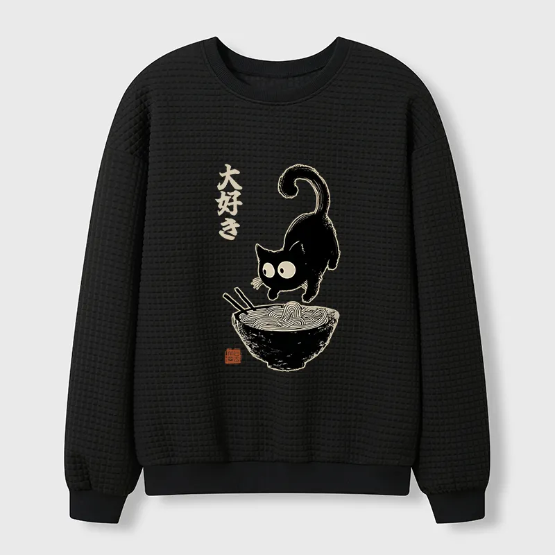 Tokyo-Tiger Retro Cat Eats Delicious Ramen Waffle Sweatshirt
