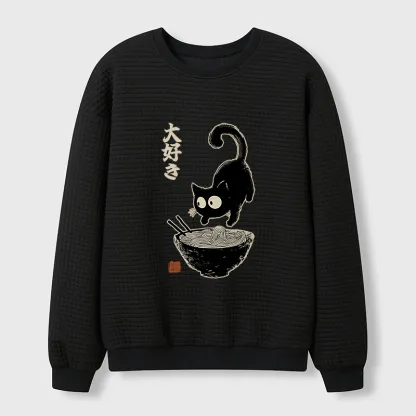 Tokyo-Tiger Retro Cat Eats Delicious Ramen Waffle Sweatshirt
