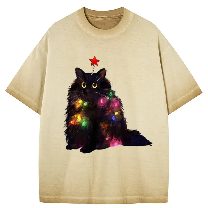 Tokyo-Tiger Christmas Lights Cat Gradient Washed T-Shirt