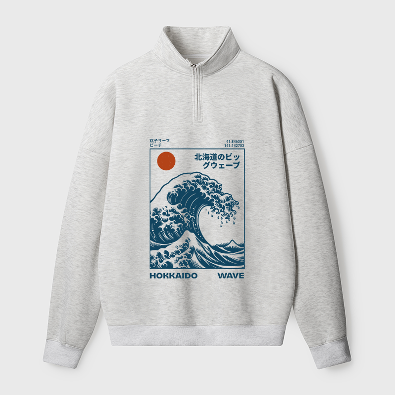 Tokyo-Tiger Hokkaido Wave Japan Half Zip Fleece Sweatshirt