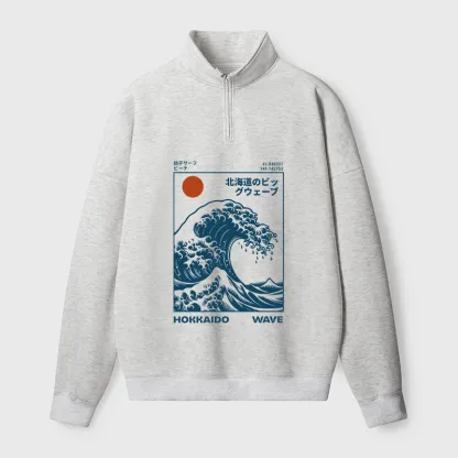 Tokyo-Tiger Hokkaido Wave Japan Half Zip Fleece Sweatshirt