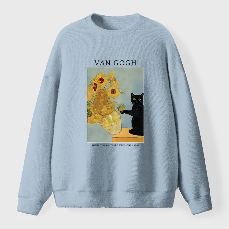 Tokyo-Tiger Black Cat With Sunflowers Fuzzy Sweatshirt