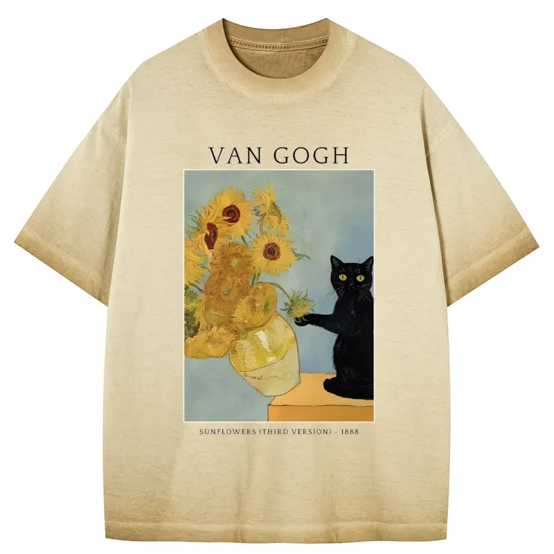 Tokyo-Tiger Black Cat With Sunflowers Gradient Washed T-Shirt