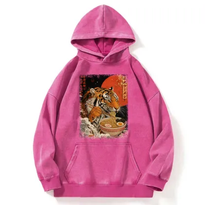 Tokyo-Tiger Ukiyoe Japan Tiger Eating Ramen Washed Hoodie