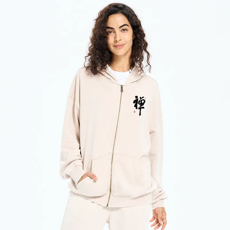 Tokyo-Tiger Japanese Zen Kanji Washed Zip Hoodie