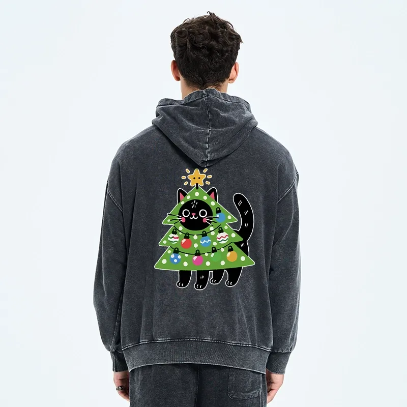 Tokyo-Tiger Christmas Tree Cat Washed Zip Hoodie