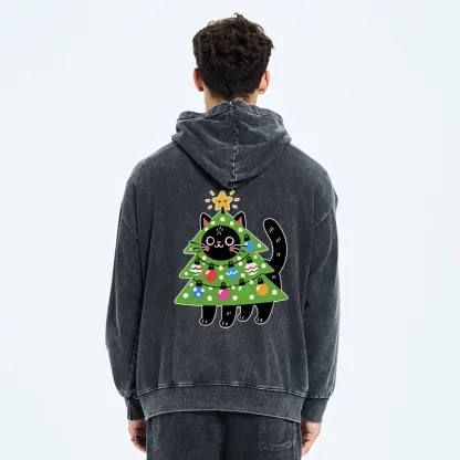 Tokyo-Tiger Christmas Tree Cat Washed Zip Hoodie