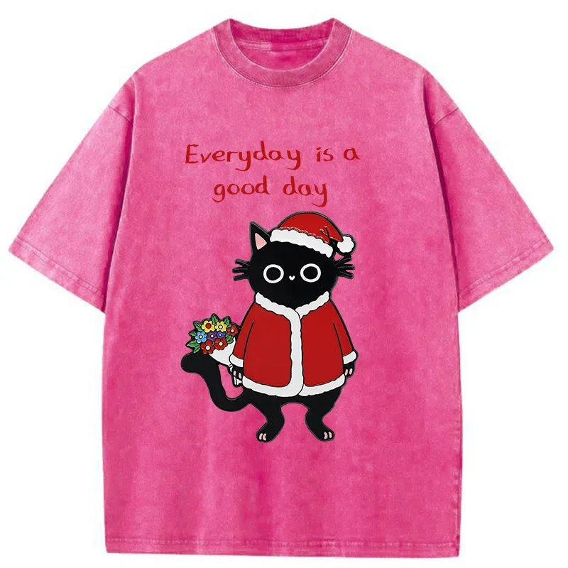 Tokyo-Tiger Christmas Cat Brings You Flowers Washed T-Shirt