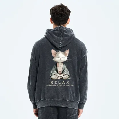 Tokyo-Tiger Zen Cat Relaxation，Everything's Out Of Control Washed Zip Hoodie