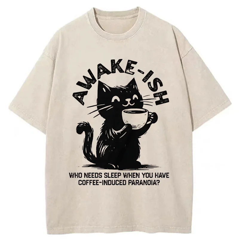 Tokyo-Tiger Staying Awake Because Of Coffee Washed T-Shirt