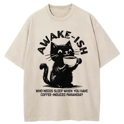 Tokyo-Tiger Staying Awake Because Of Coffee Washed T-Shirt
