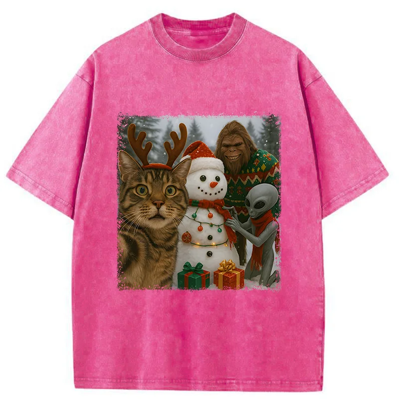 Tokyo-Tiger Christmas Cat Selfie Funny Washed T-Shirt