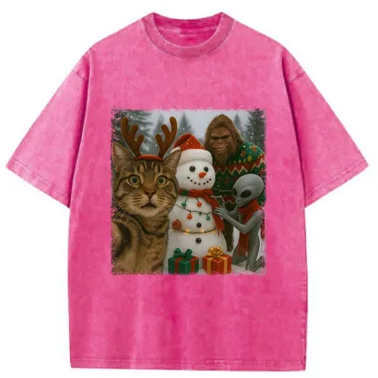 Tokyo-Tiger Christmas Cat Selfie Funny Washed T-Shirt
