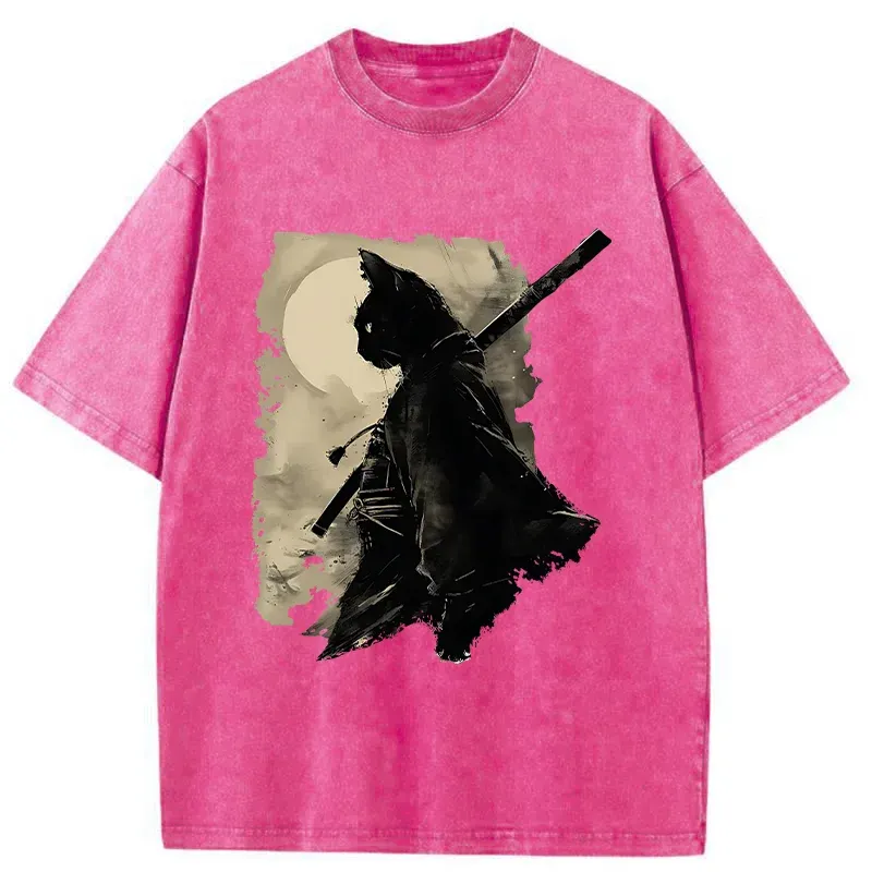 Tokyo-Tiger Under The Moon Cat Samurai Washed T-Shirt