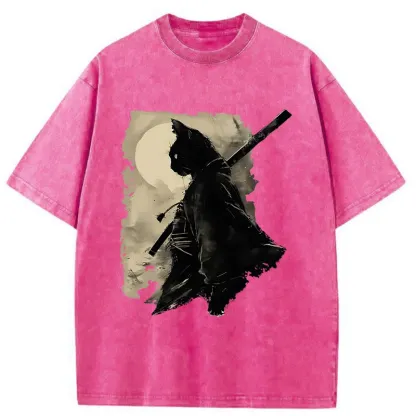 Tokyo-Tiger Under The Moon Cat Samurai Washed T-Shirt