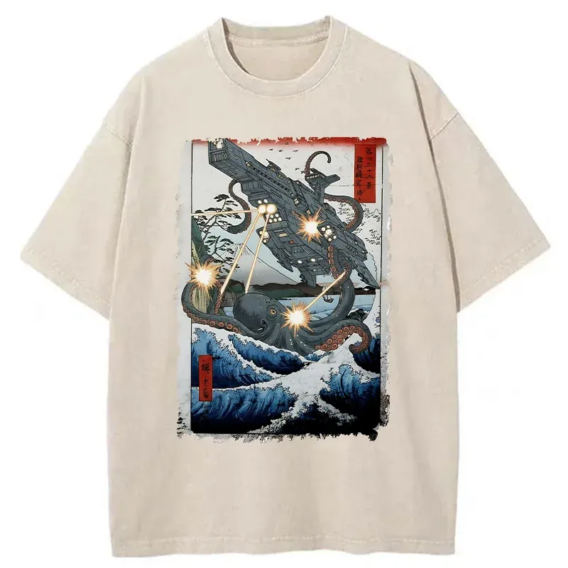 Tokyo-Tiger Octopus VS Spaceship Washed T-Shirt