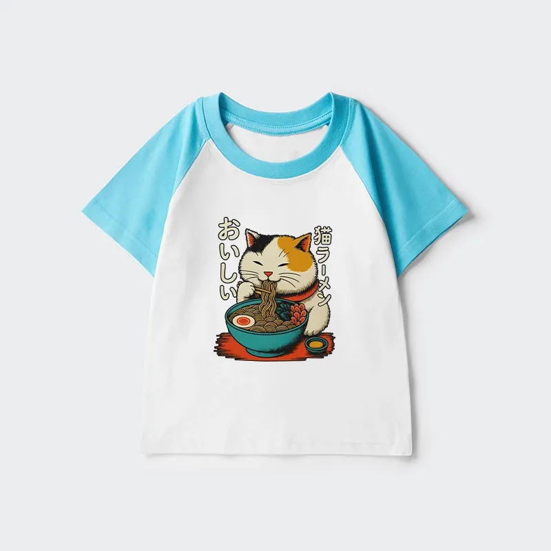 Tokyo-Tiger Cute Eat Eating Japanese Ramen Kids Raglan T-shirt