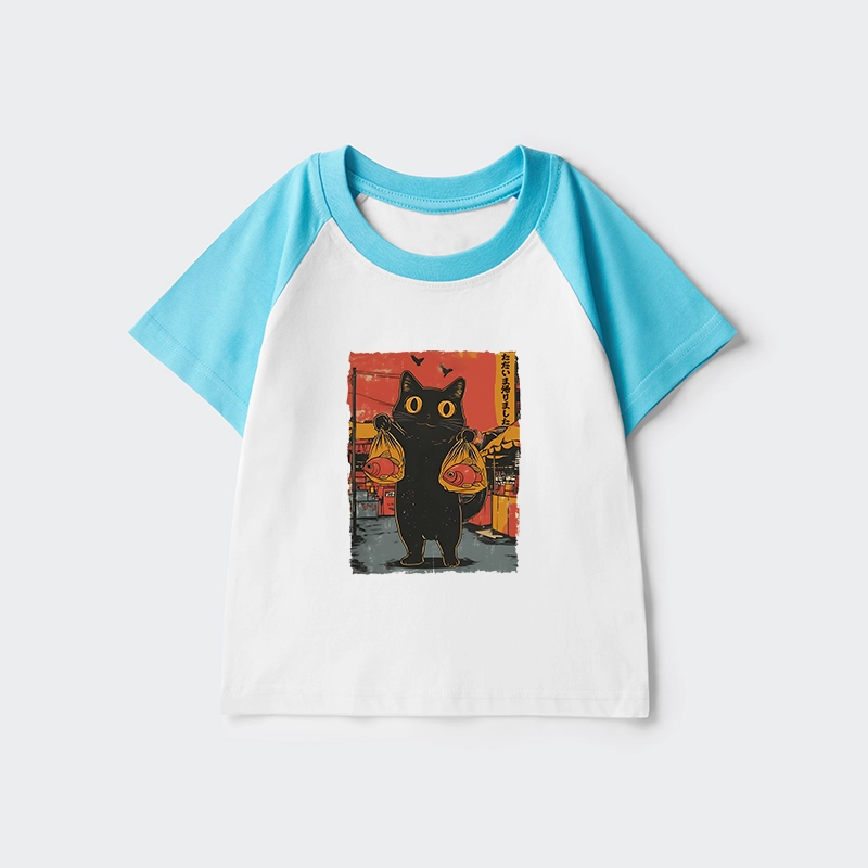 Tokyo-Tiger Cat Fishing Japanese Kids Raglan T-shirt