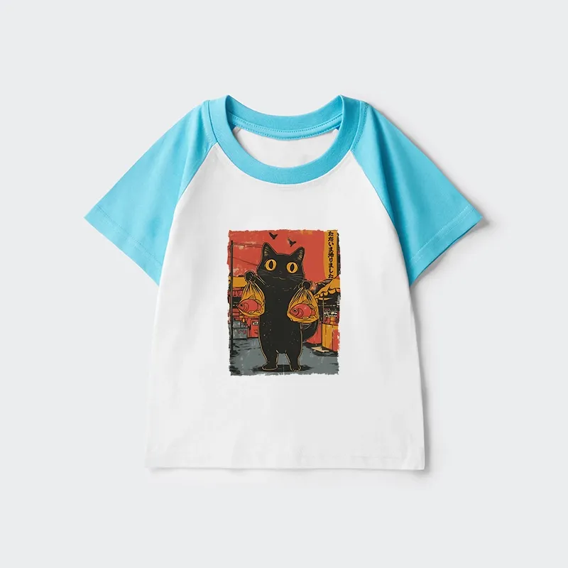 Tokyo-Tiger Cat Fishing Japanese Kids Raglan T-shirt