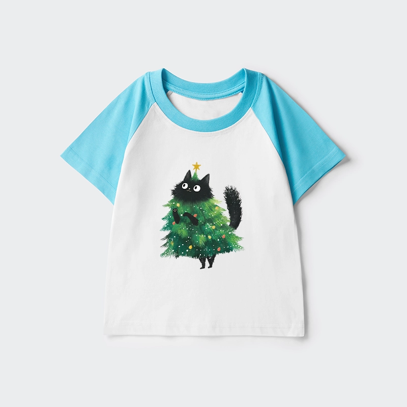 Tokyo-Tiger Christmas Tree Cat Japan Kids Raglan T-shirt