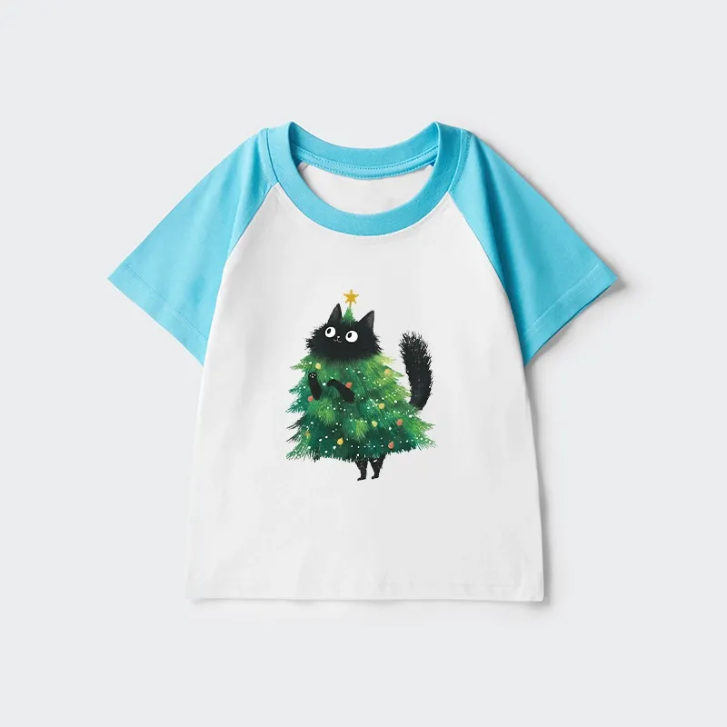 Tokyo-Tiger Christmas Tree Cat Japan Kids Raglan T-shirt