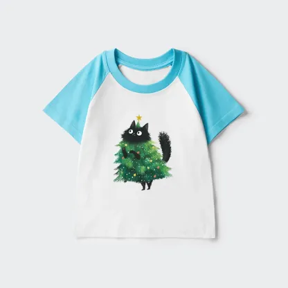 Tokyo-Tiger Christmas Tree Cat Japan Kids Raglan T-shirt