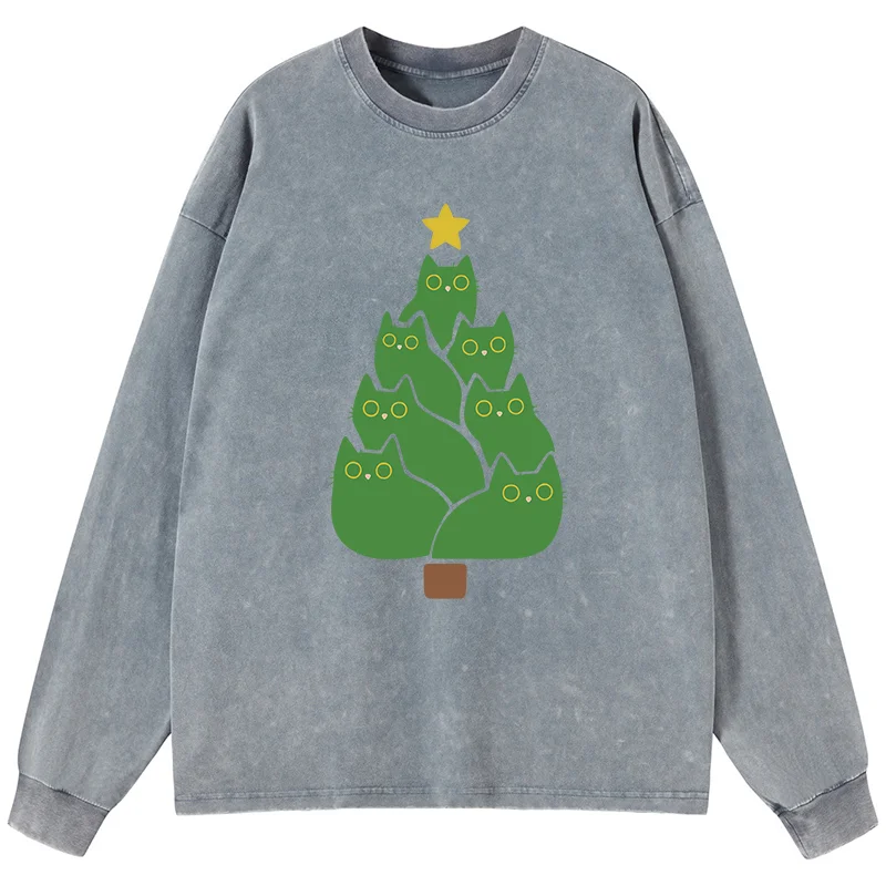 Tokyo-Tiger Christmas Tree Cat Japanese Washed Long Sleeve T-Shirt