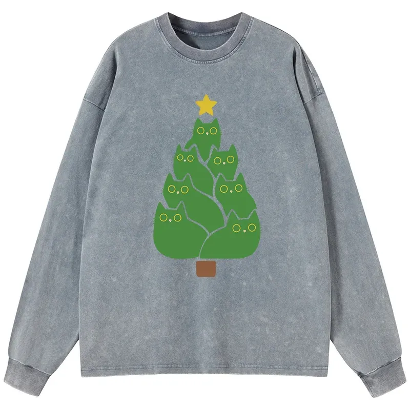 Tokyo-Tiger Christmas Tree Cat Japanese Washed Long Sleeve T-Shirt