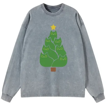 Tokyo-Tiger Christmas Tree Cat Japanese Washed Long Sleeve T-Shirt