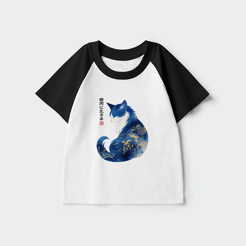 Tokyo-Tiger Retro Zen Cat: Living the Present Kids Raglan T-shirt