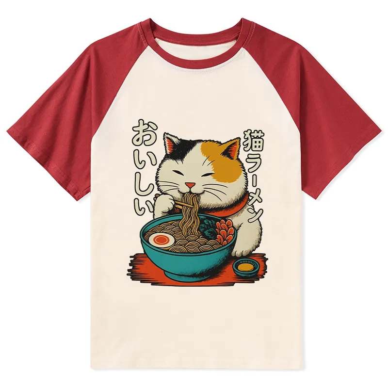 Tokyo-Tiger Cute Eat Eating Japanese Ramen Raglan T-shirt
