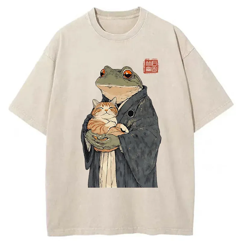 Tokyo-Tiger A Frog Holding A Cat Washed T-Shirt