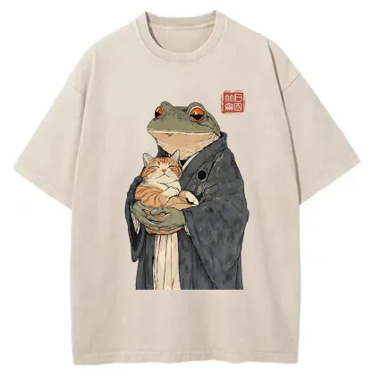 Tokyo-Tiger A Frog Holding A Cat Washed T-Shirt