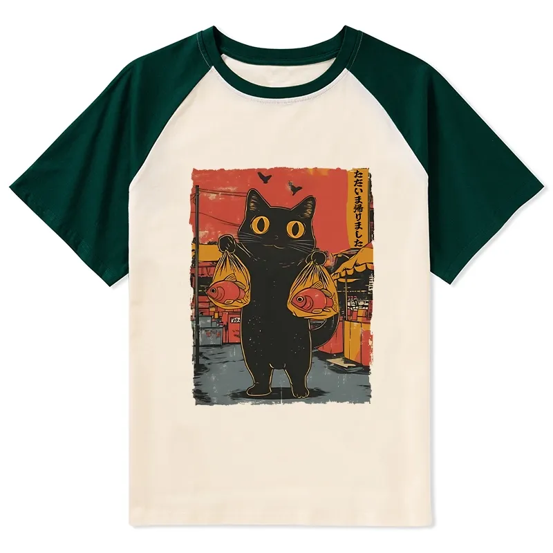 Tokyo-Tiger Cat Fishing Japanese Raglan T-shirt