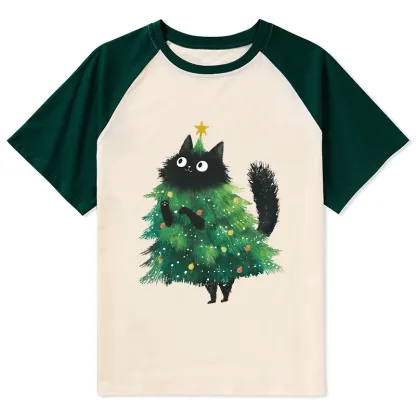 Tokyo-Tiger Christmas Tree Cat Japan Raglan T-shirt
