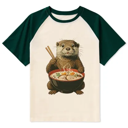 Tokyo-Tiger Japanese Otter Eating Ramen Raglan T-shirt