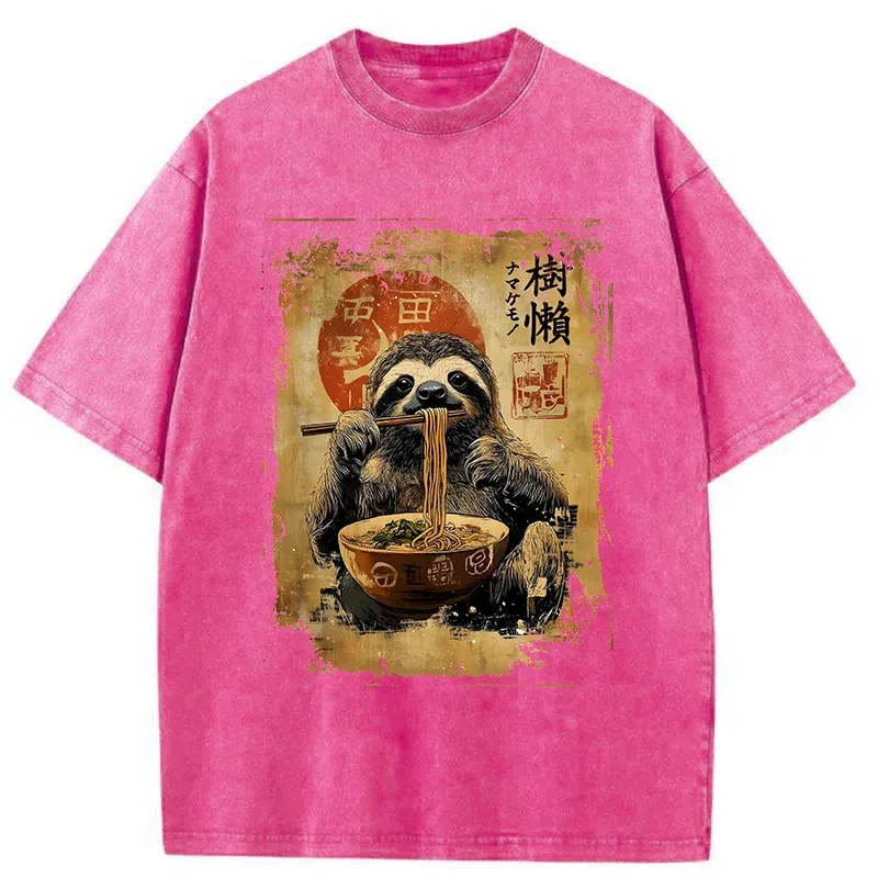 Tokyo-Tiger Sloth Eating Ramen Washed T-Shirt