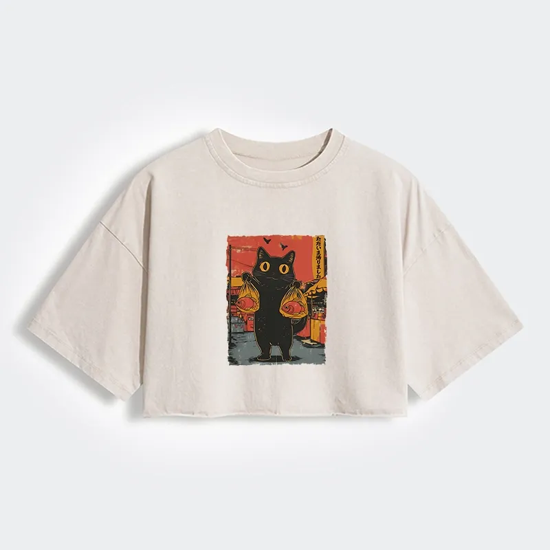 Tokyo-Tiger Cat Fishing Japanese Women's Washed Crop T-Shirt
